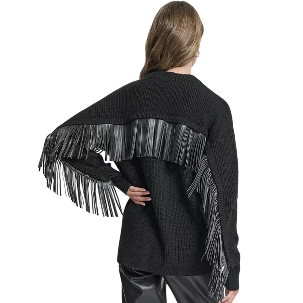 New DKNY Women's Fringe Long Sleeve Cardigan Sweater XL Boho Festival‎ Oversized